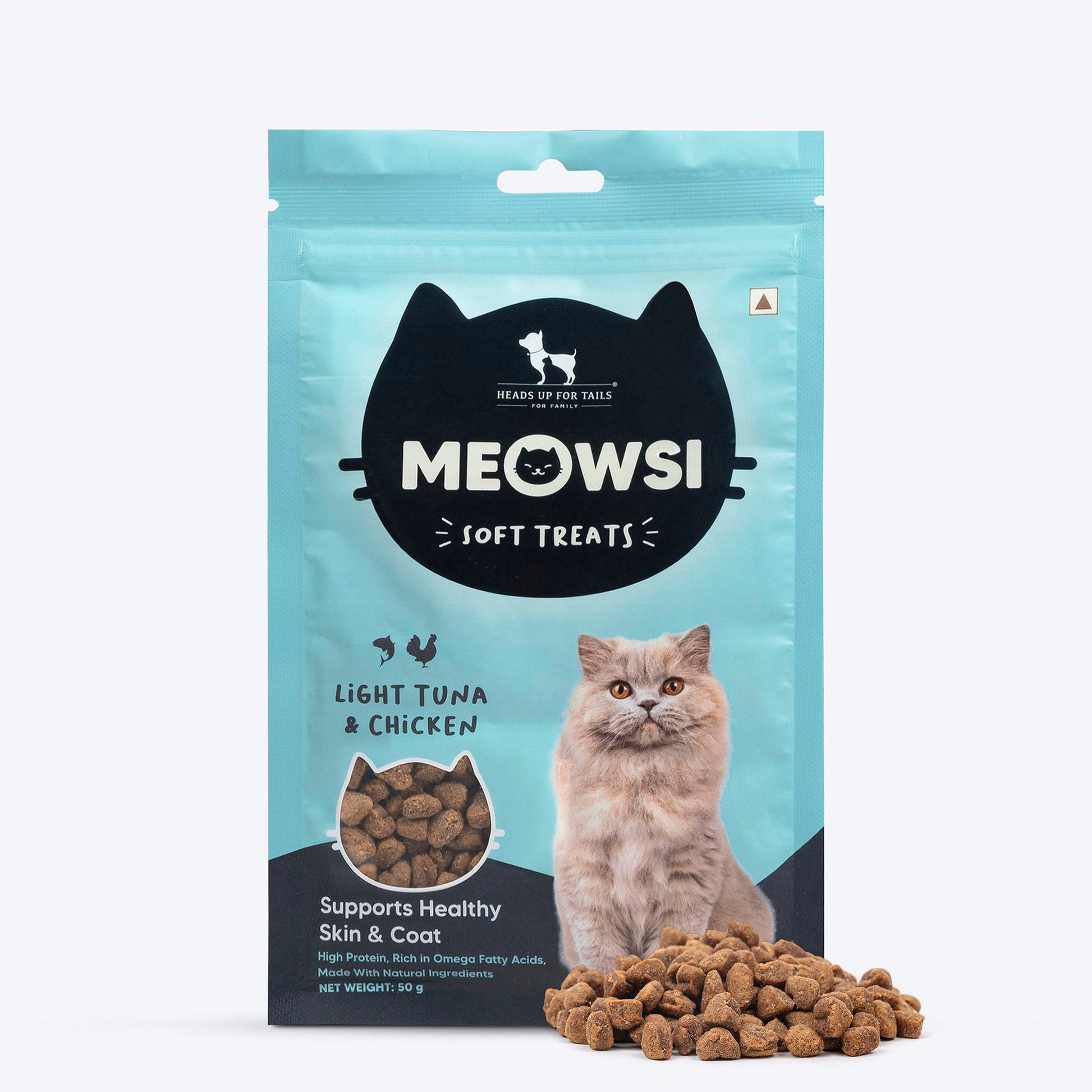 Meowsi by HUFT Light Tuna & Chicken Soft Cat Treats, 50 gm, supports healthy skin and coat with natural ingredients.