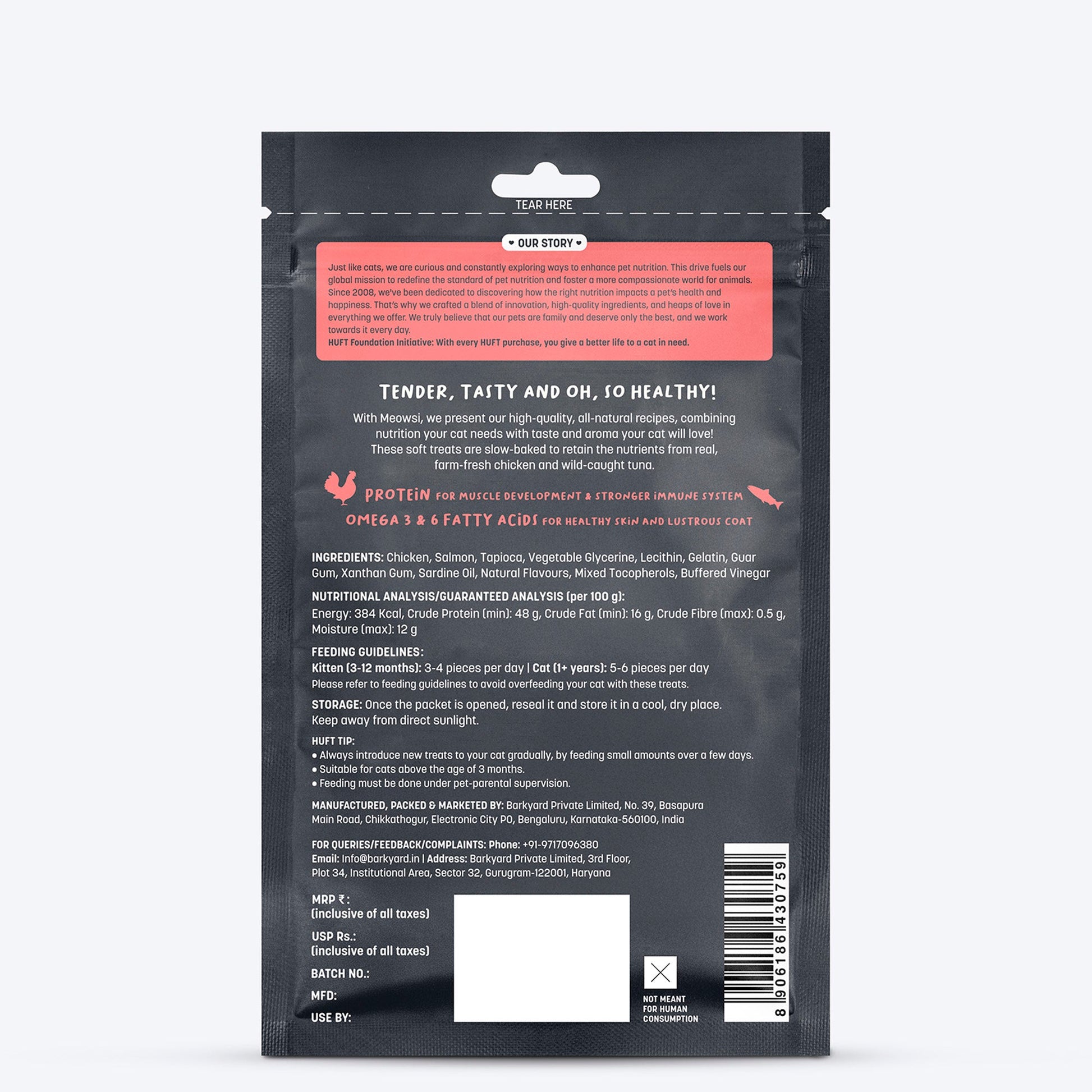 Meowsi by HUFT Salmon & Chicken Soft Cat Treats, 50 gm, features a pink packaging with a cat graphic and treats displayed.