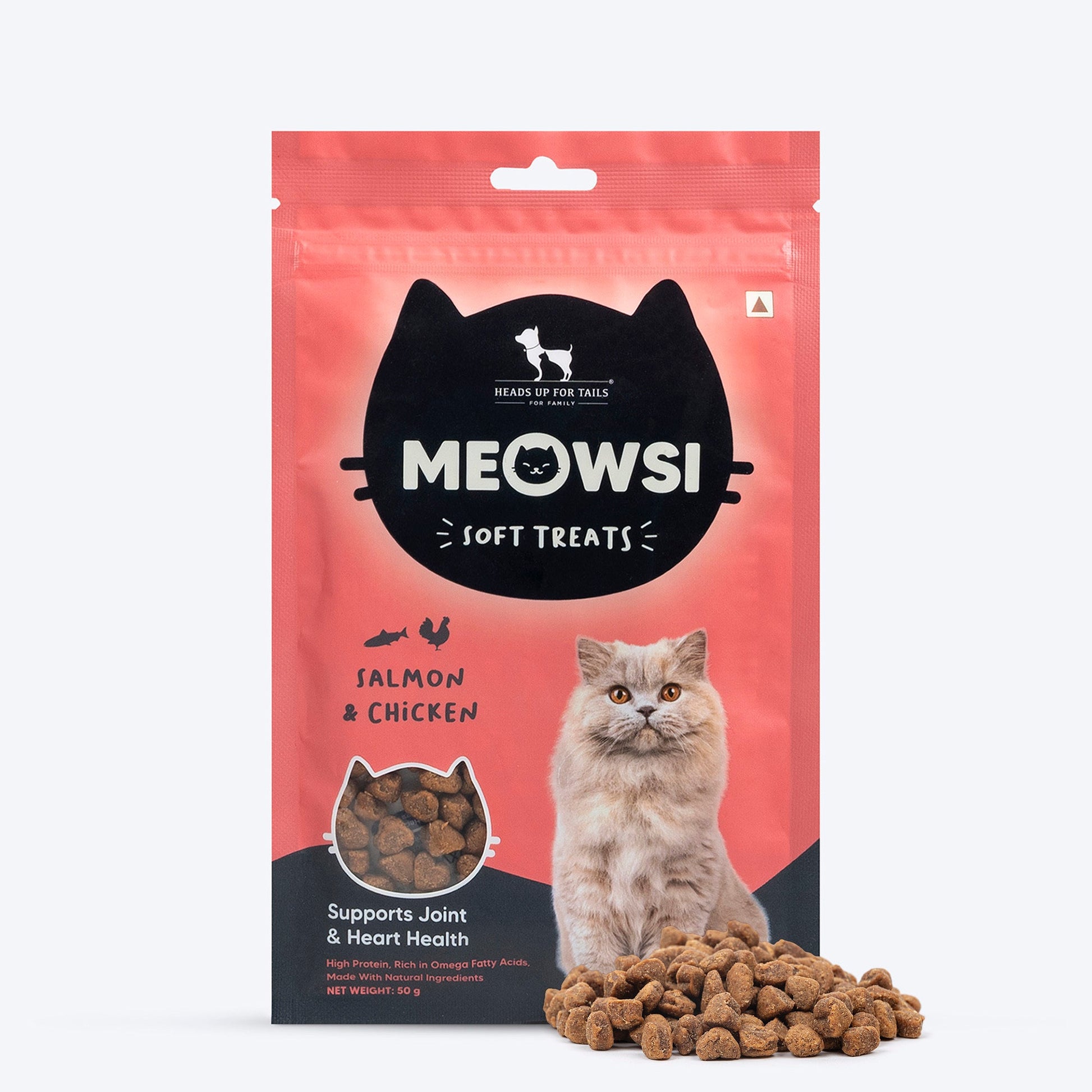 Meowsi by HUFT Salmon & Chicken Soft Cat Treats, 50 gm, features a pink packaging with a cat graphic and treats displayed.