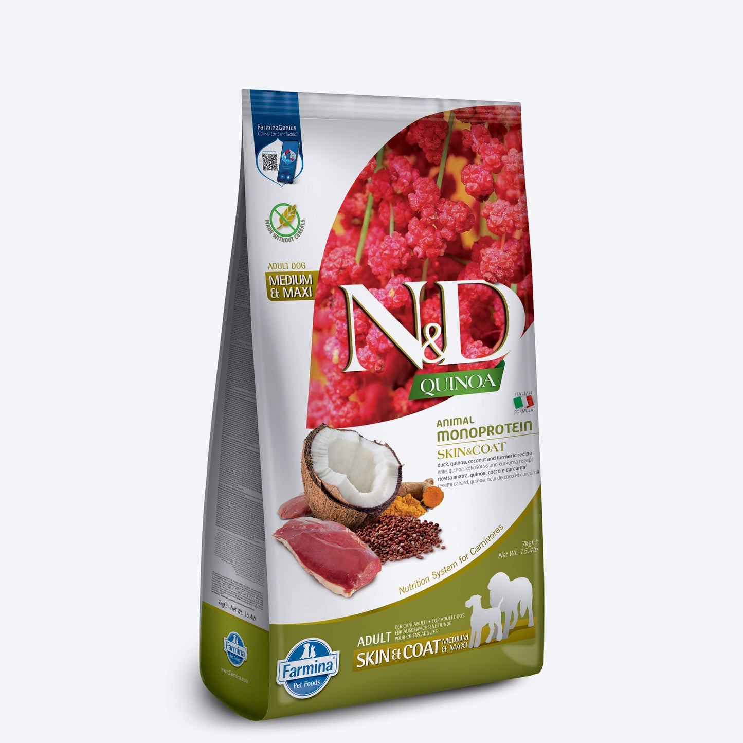 Farmina N&D Quinoa (Skin & Coat) Duck, Coconut & Turmeric All Dry Dog Food, Grain-Free (Medium & Maxi Breed) - Heads Up For Tails