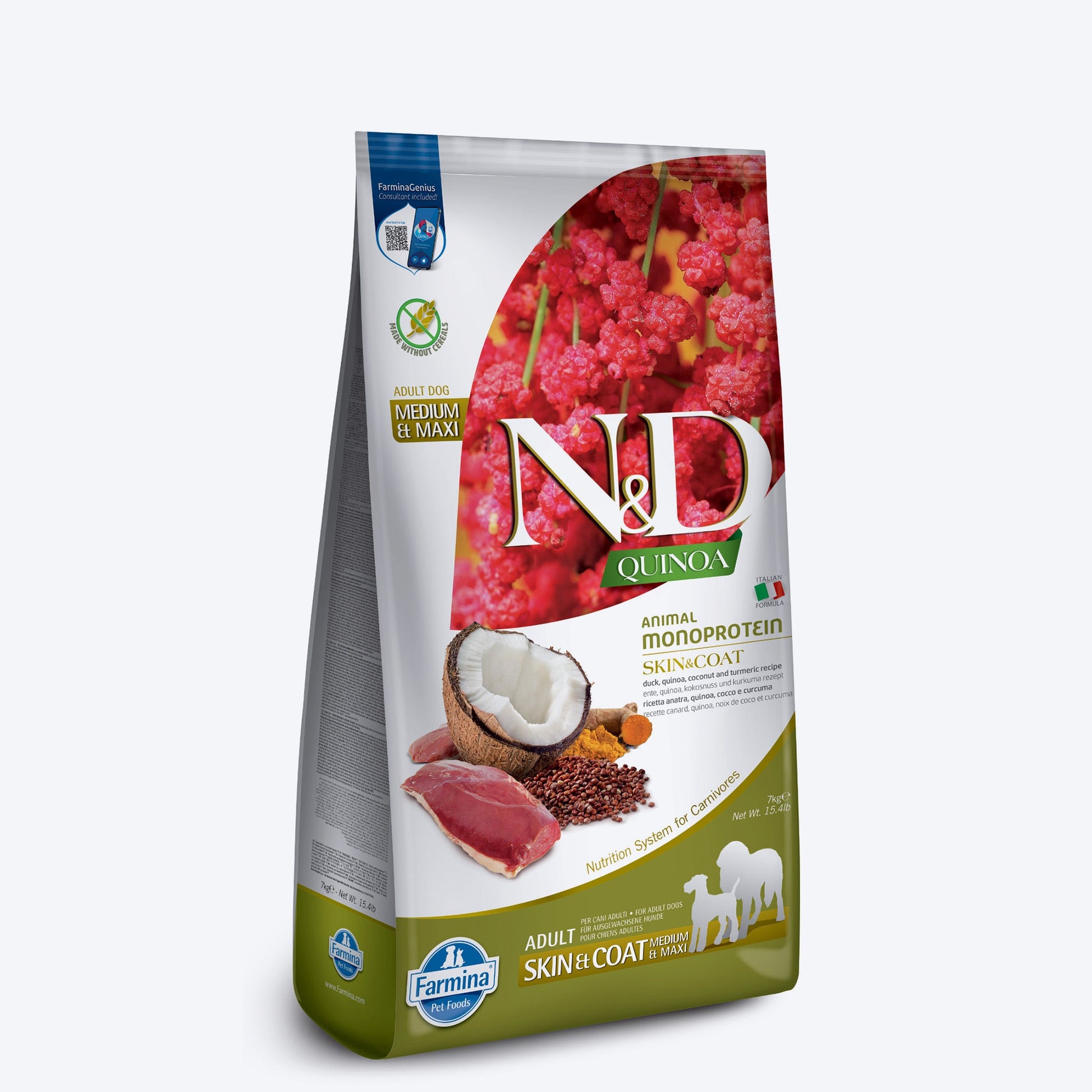 Farmina N&D Quinoa (Skin & Coat) Duck, Coconut & Turmeric All Dry Dog Food, Grain-Free (Medium & Maxi Breed) - Heads Up For Tails