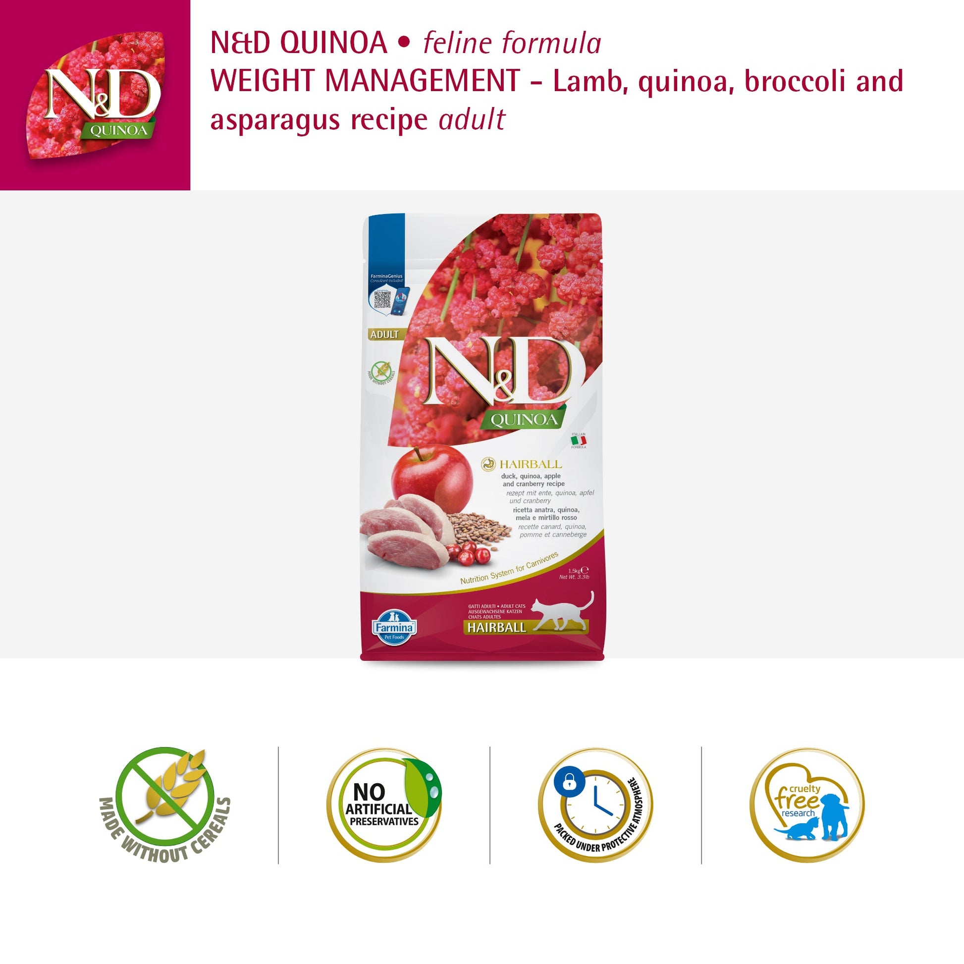 Farmina N&D Quinoa Hairball Dry Food For Adult Cat - 1.5 kg - Heads Up For Tails