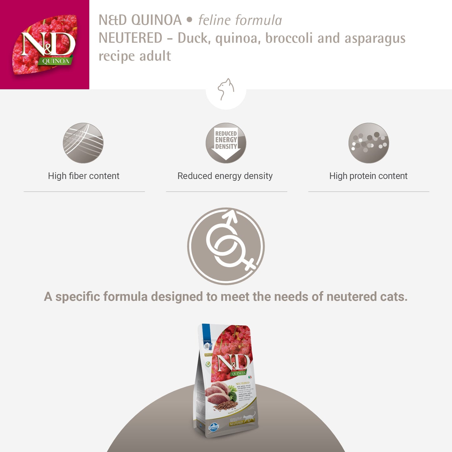Farmina N&D Quinoa Neutered Duck, Broccoli & Asparagus Dry Food For Adult Cat - 1.5 kg - Heads Up For Tails