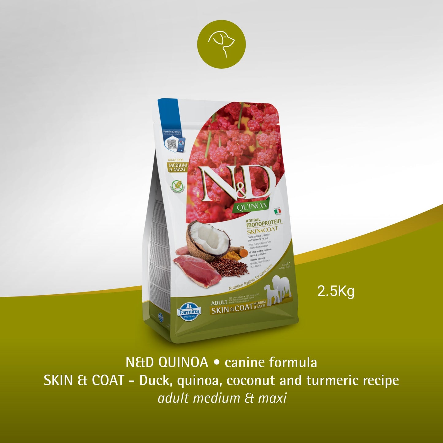 Farmina N&D Quinoa (Skin & Coat) Duck, Coconut & Turmeric All Dry Dog Food, Grain-Free (Medium & Maxi Breed) - Heads Up For Tails