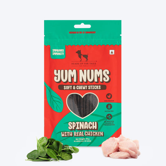 HUFT Yum Nums Dog Treats Soft & Chewy Sticks Spinach With Real Chicken - 70 gm - Heads Up For Tails