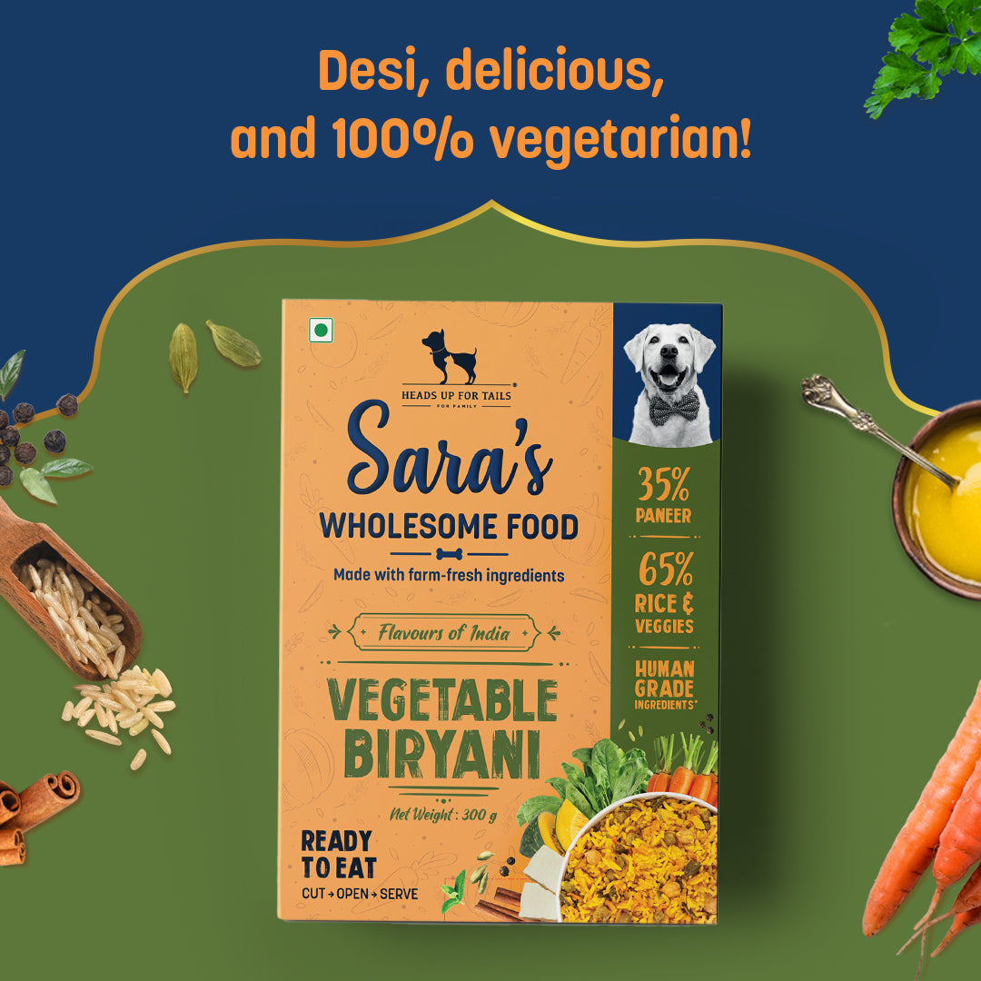 Sara's Wholesome Flavours Of India Vegetable Biryani Dog Wet Food, 300 gm, with 35% paneer and 65% rice & veggies.