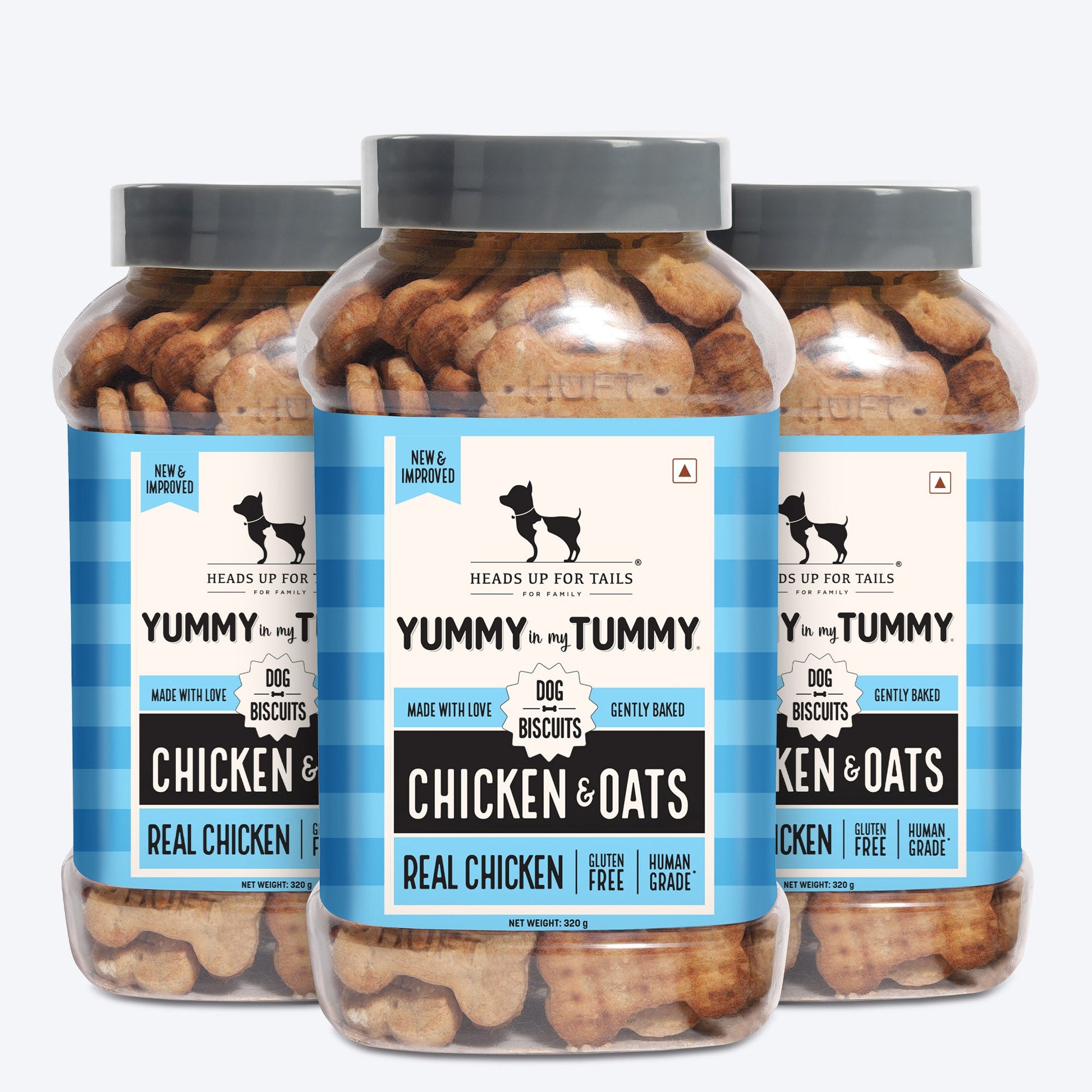 Heads Up for Tails Yummy in my Tummy Chicken & Oats dog biscuits, gluten-free, 320g, in a multi-pack jar