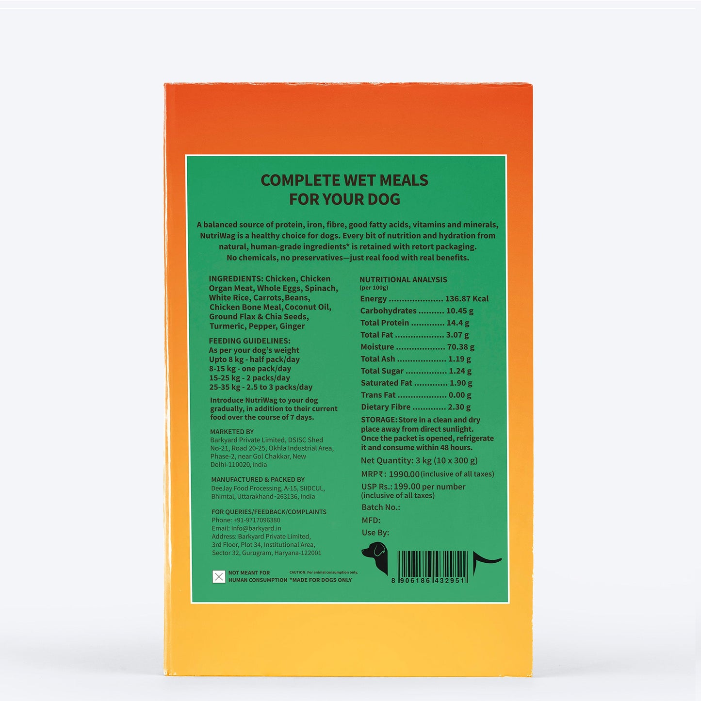 NutriWag Complete Wet Meals With Chicken, Rice & Spinach For Dog - 300g - Heads Up For Tails
