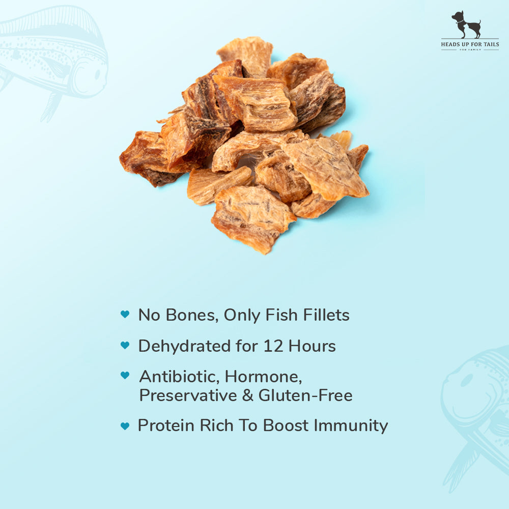 Sara's Doggie Treats Mahi Mahi Fish Jerky, 70 g, high protein, low fat, all-natural ingredients, suitable for dogs.
