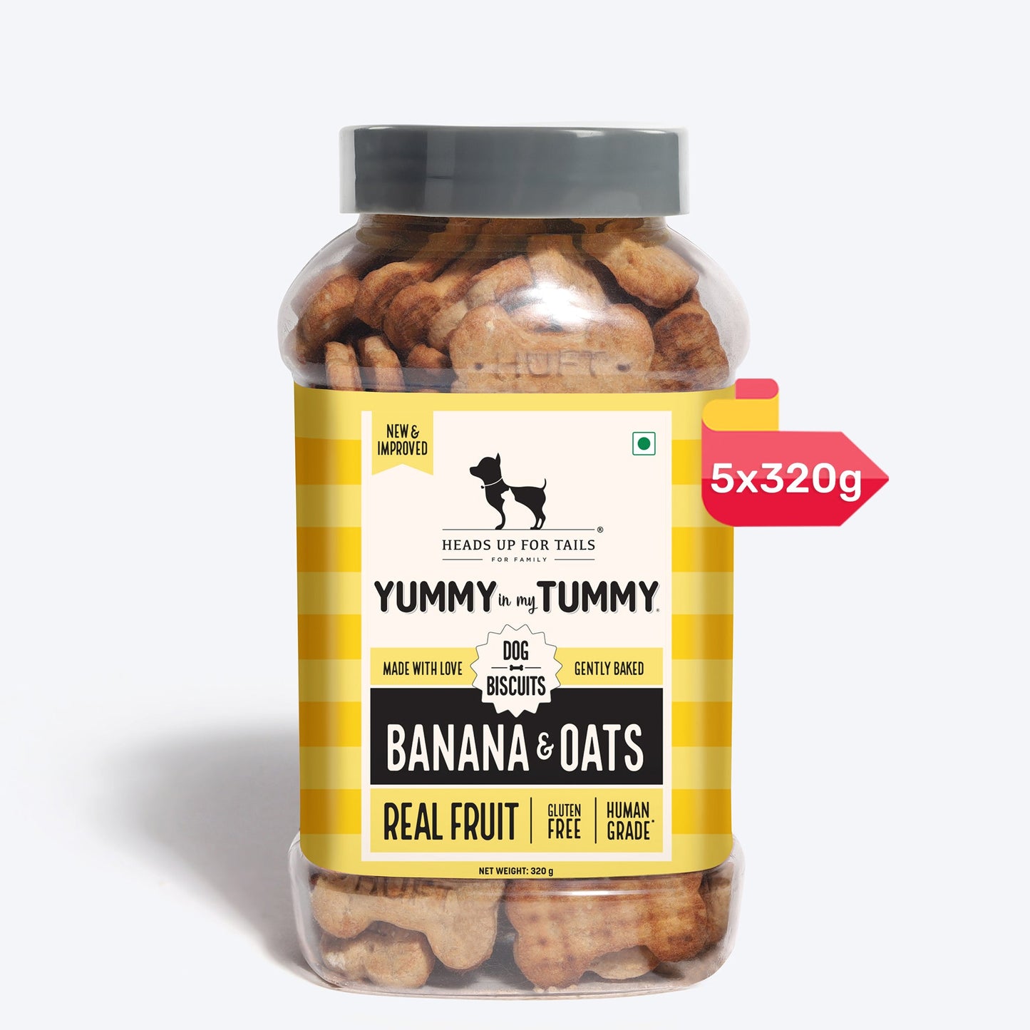 Heads Up for Tails Yummy in my Tummy Banana & Oats dog biscuits, gluten-free, 5-pack of 320g jars