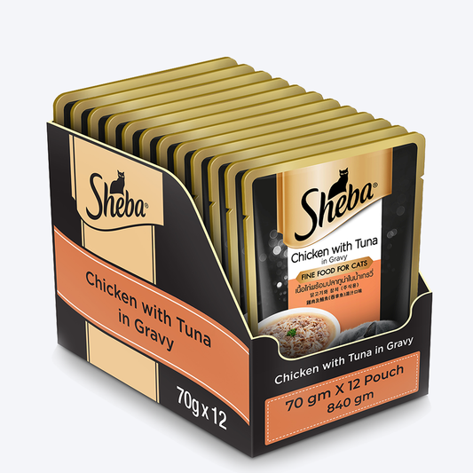 Sheba Rich Premium Chicken With Tuna In Gravy Adult Wet Cat Food - 70 g (Pack Of 12) - Heads Up For Tails