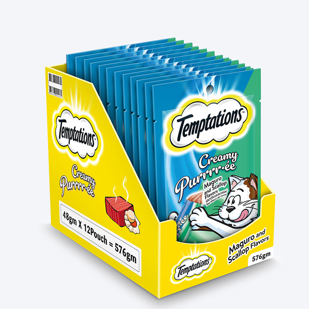 Temptations Creamy Purrrr-ee Cat Treats, Maguro and Scallop Flavors 48g (4 pieces) - Heads Up For Tails