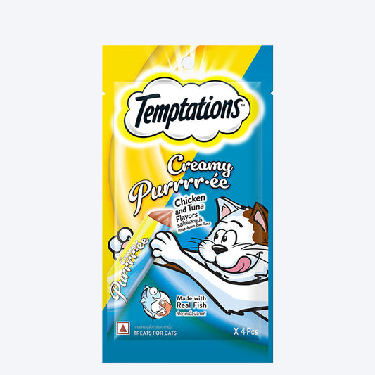Temptations Creamy Purrrr-ee Cat Treats, Chicken & Tuna Flavors - Heads Up For Tails