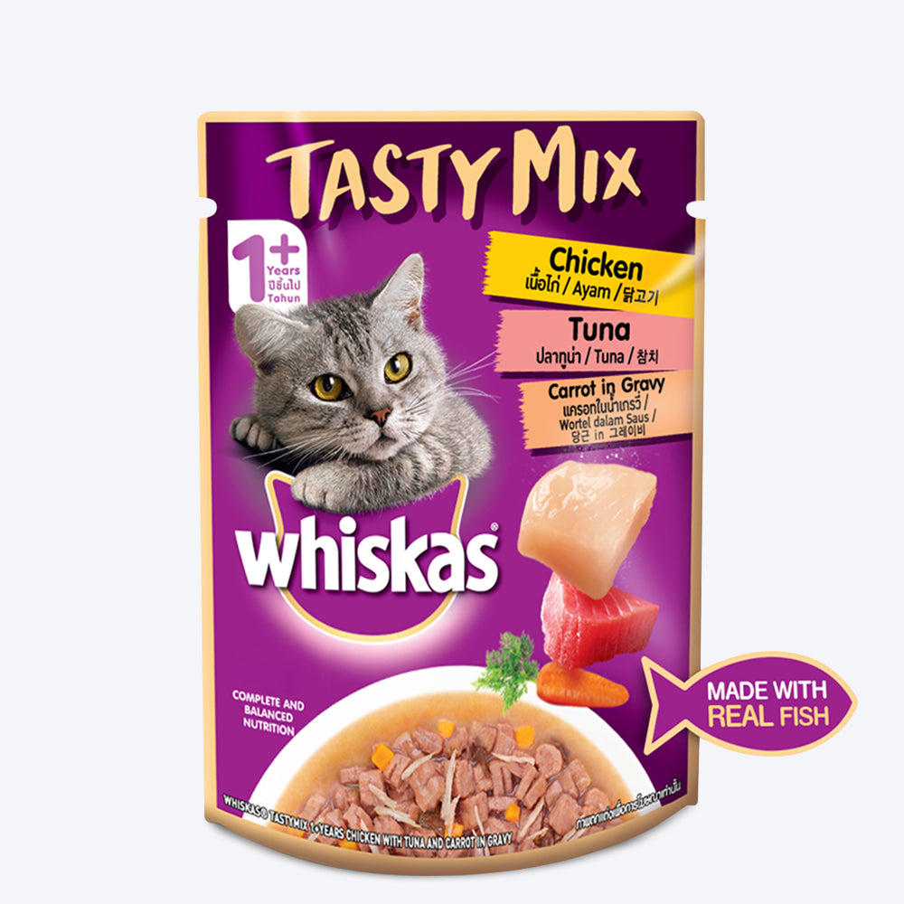 Whiskas Adult (1+ year) Tasty Mix Made With Real Fish, Chicken With Tuna And Carrot in Gravy Wet Cat Food - Pack of (70X24) g - Heads Up For Tails