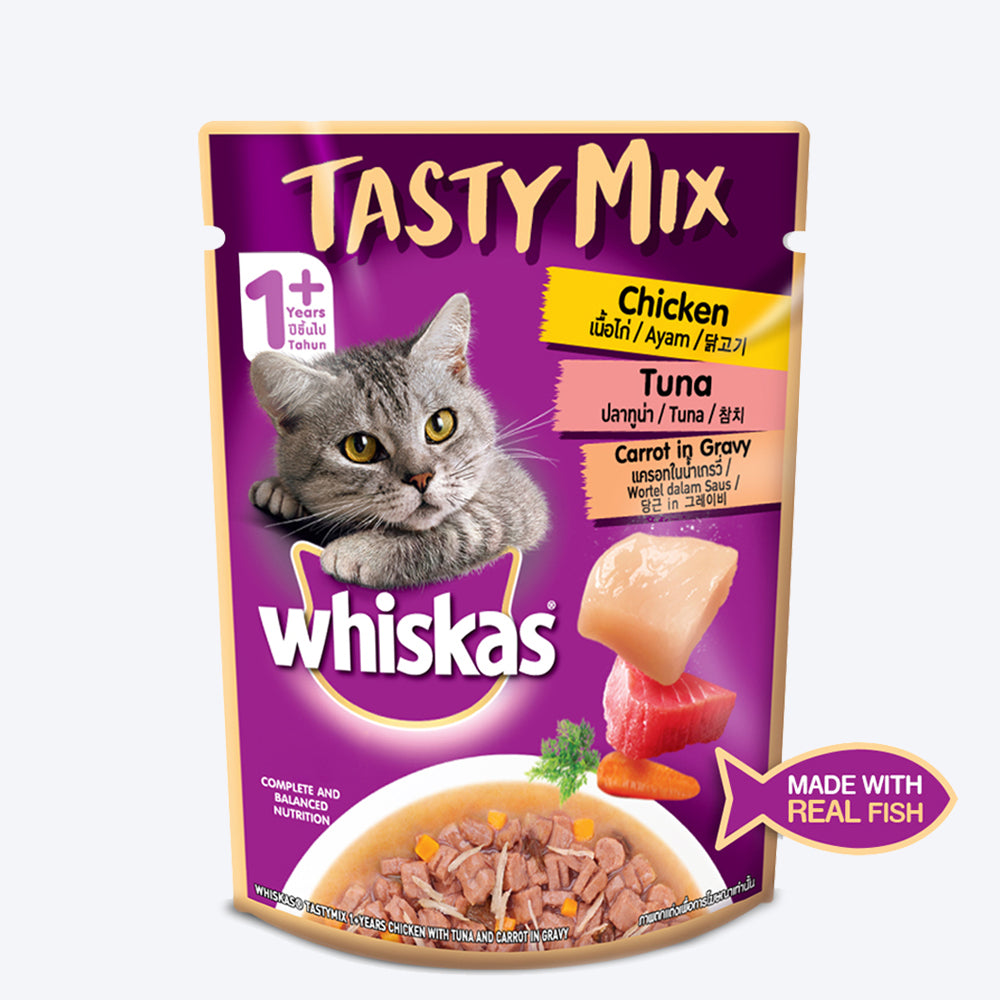 Whiskas Adult Tasty Mix Wet Cat Food Made With Real Fish, Chicken With Tuna And Carrot in Gravy - 70 g (Pack Of 12)-2