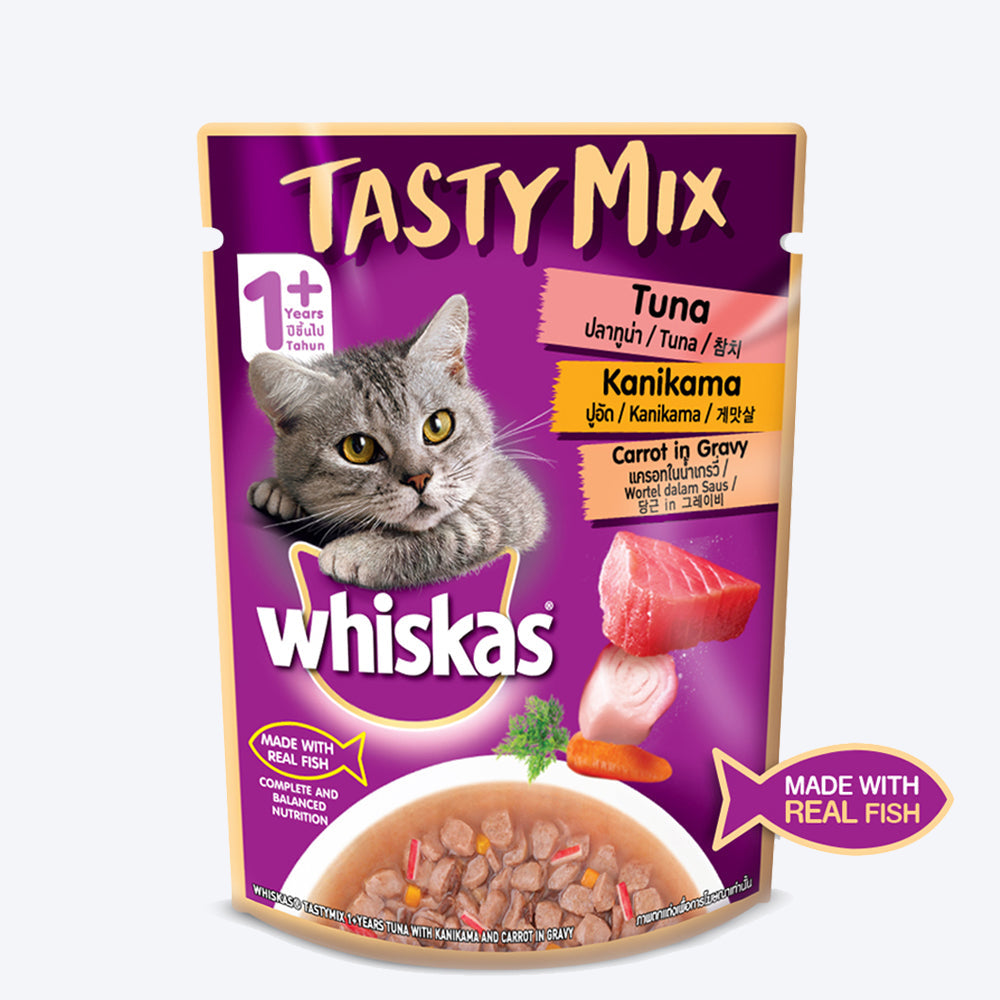 Whiskas Adult Tasty Mix Wet Cat Food Made With Real Fish, Tuna With Kanikama And Carrot in Gravy - 70 g (Pack Of 12)-2