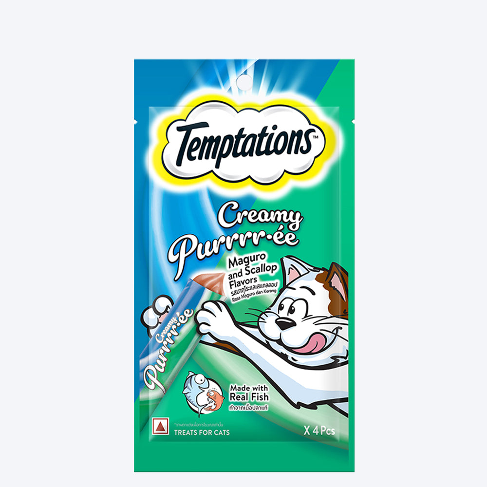 Temptations Creamy Purrrr-ee Cat Treats, Maguro and Scallop Flavors 48g (4 pieces) - Heads Up For Tails