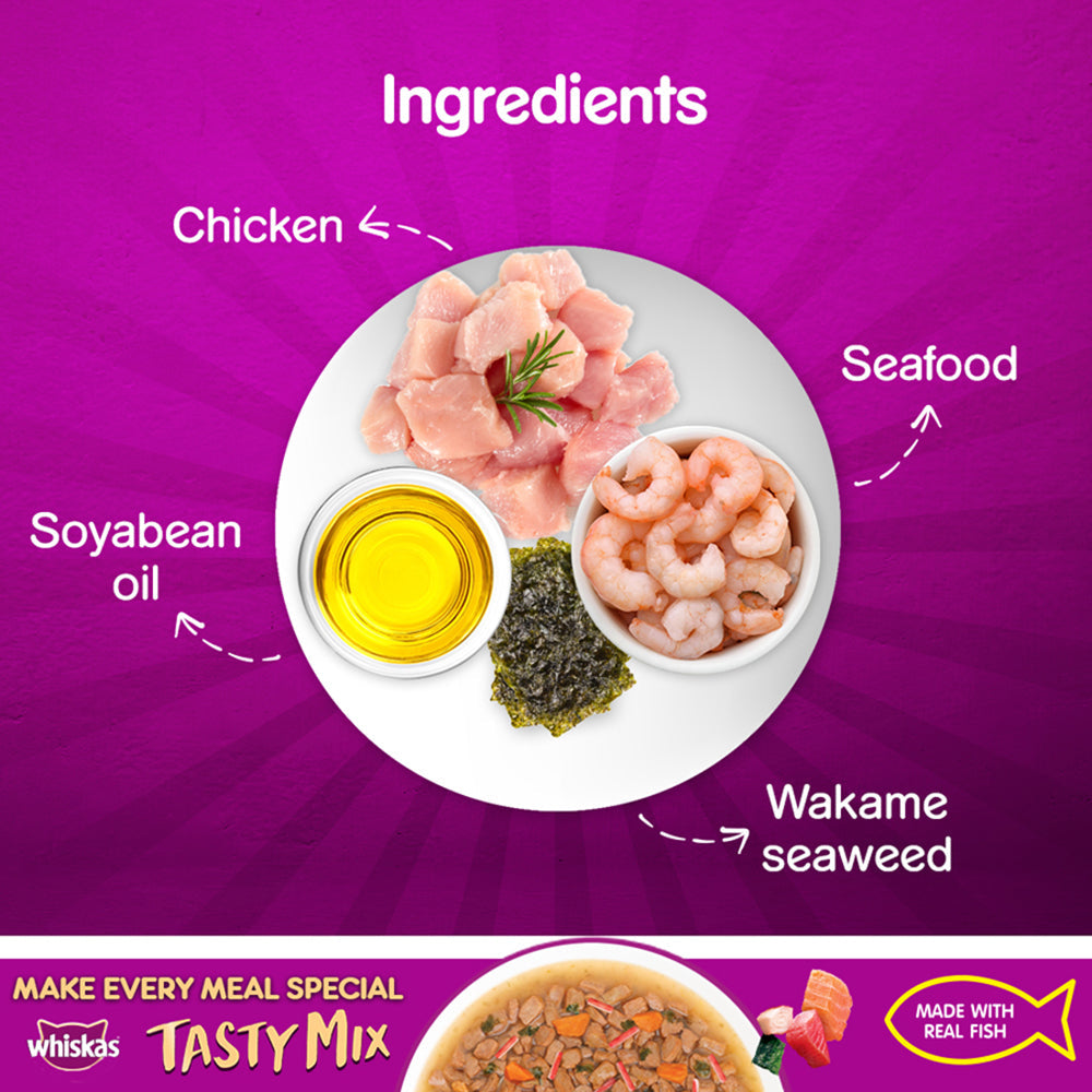 Whiskas Adult (1+ year) Seafood Cocktails Wakem Seaweed Adults Wet Cat Food - Pack of (70 X 24) g - Heads Up For Tails