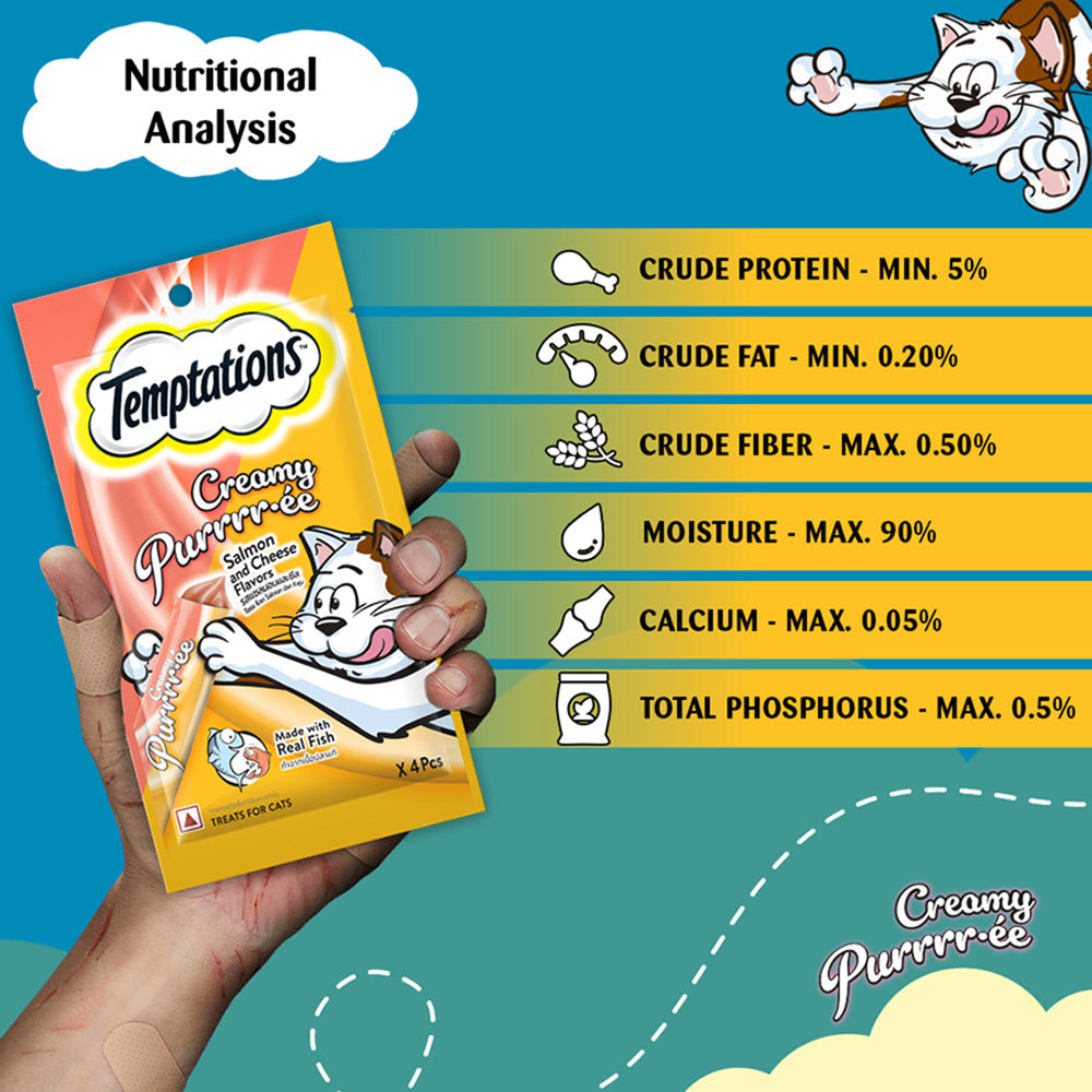 Temptations Creamy Purrrr-Â©e, Salmon & Cheese Flavour 48g (4 pieces) - Heads Up For Tails