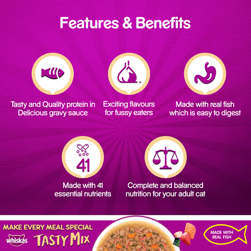 Whiskas Adult (1+ year) Seafood Cocktails Wakem Seaweed Adults Wet Cat Food - Pack of (70 X 24) g - Heads Up For Tails