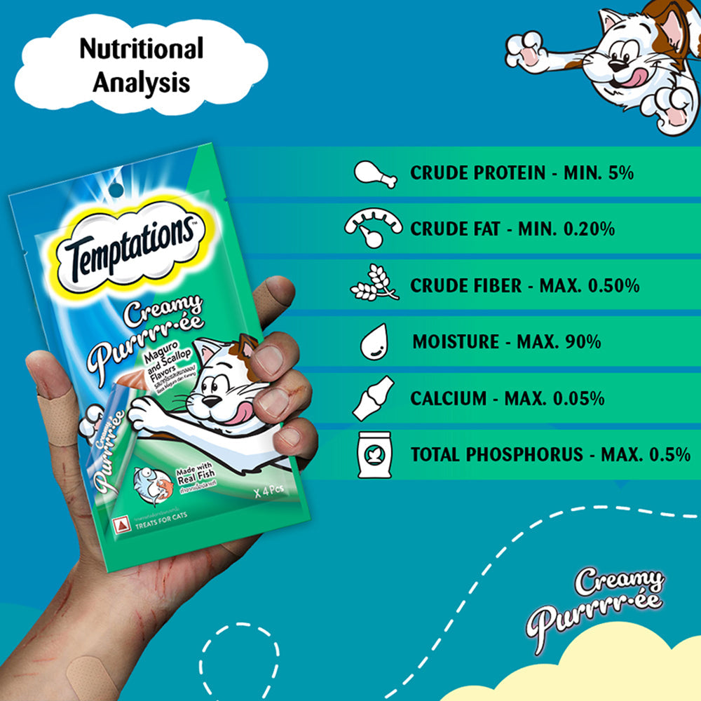 Temptations Creamy Purrrr-ee Cat Treats, Maguro and Scallop Flavors 48g (4 pieces) - Heads Up For Tails