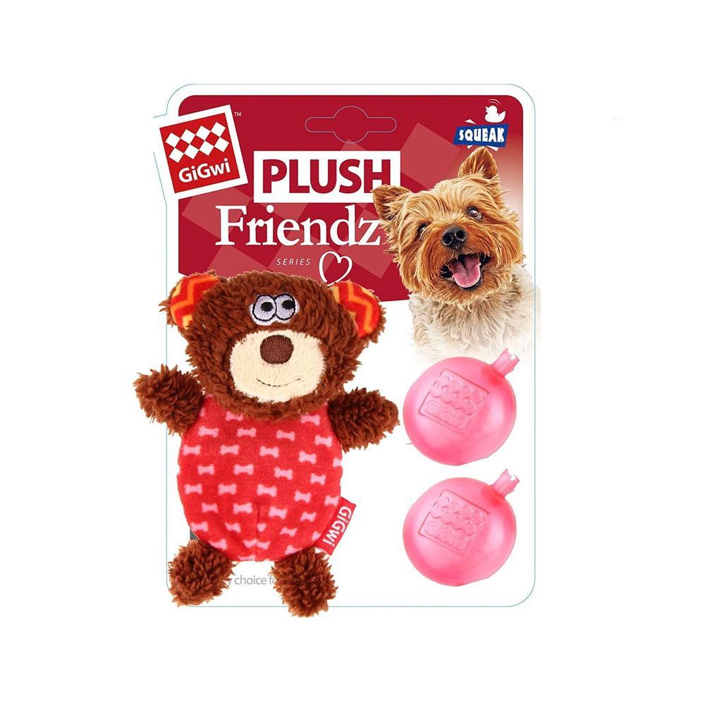 GiGwi Plush Friendz Dog Toy with Refillable Squeaker Bear Brown/Red