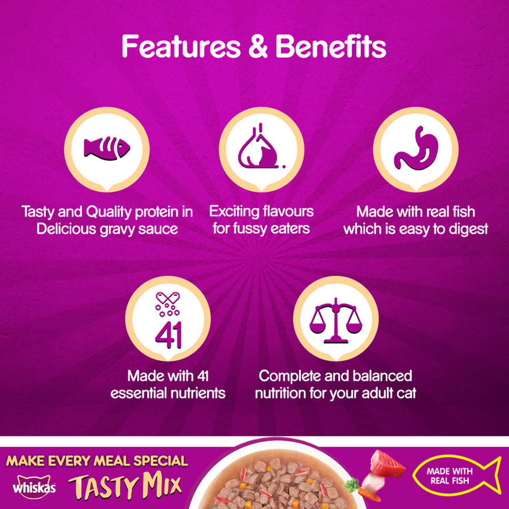 Whiskas Adult Tasty Mix Wet Cat Food Made With Real Fish, Tuna With Kanikama And Carrot in Gravy - 70 g (Pack Of 12)-5