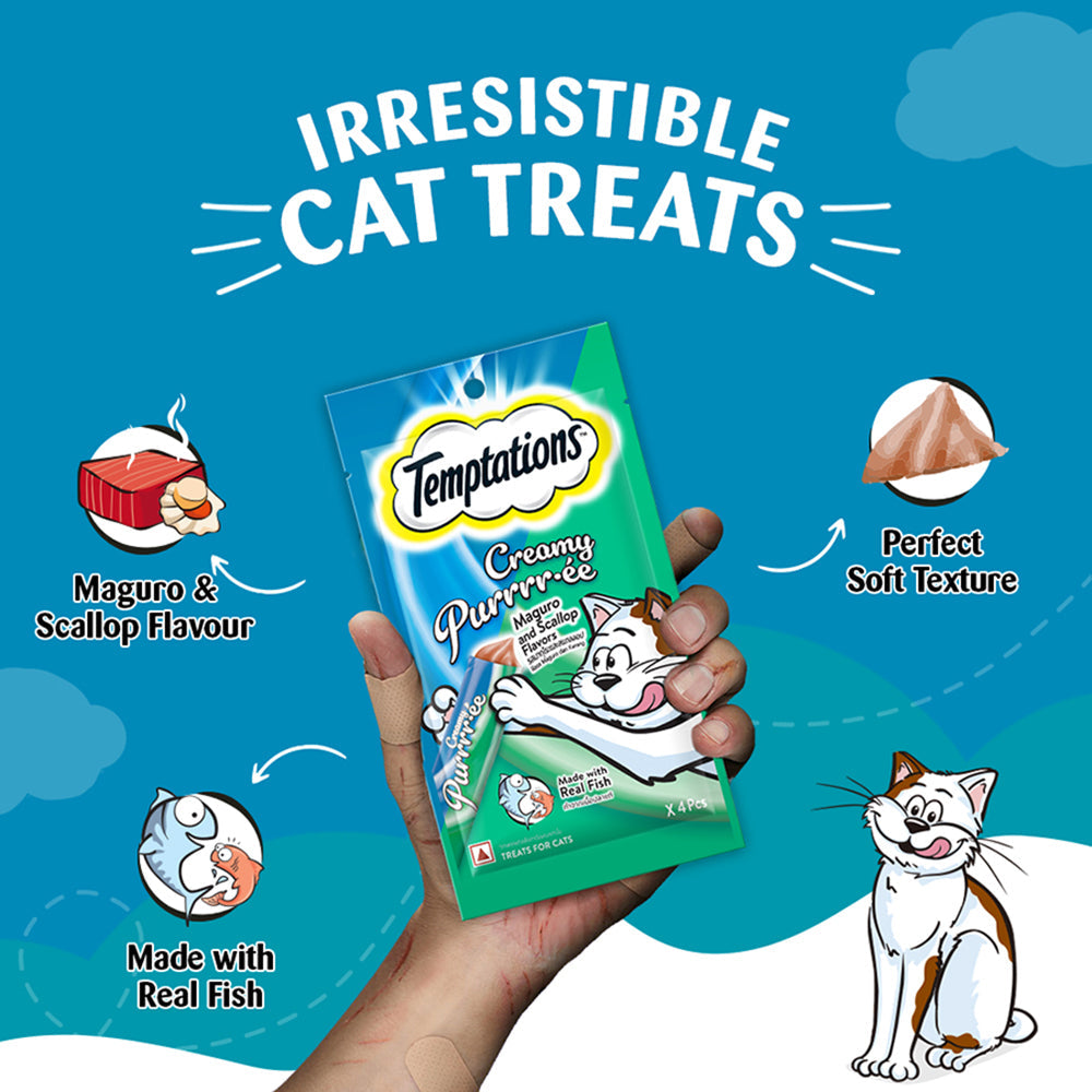 Temptations Creamy Purrrr-ee Cat Treats, Maguro and Scallop Flavors 48g (4 pieces) - Heads Up For Tails