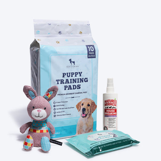HUFT Toilet Training Essentials Combo Pack - Puppy Pads, Training Spray, Dog Toy & Pet Wipes - Heads Up For Tails