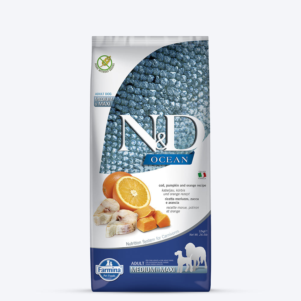 Farmina N&D Pumpkin Codfish & Orange Grain Free Medium & Maxi Breed Adult Dry Dog Food - Heads Up For Tails