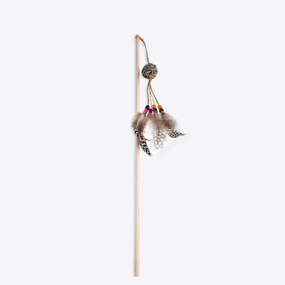 GiGwi Eco Line Feather Teaser Cat Toy with Rattle (Wood/Feather/Rattan) - Heads Up For Tails