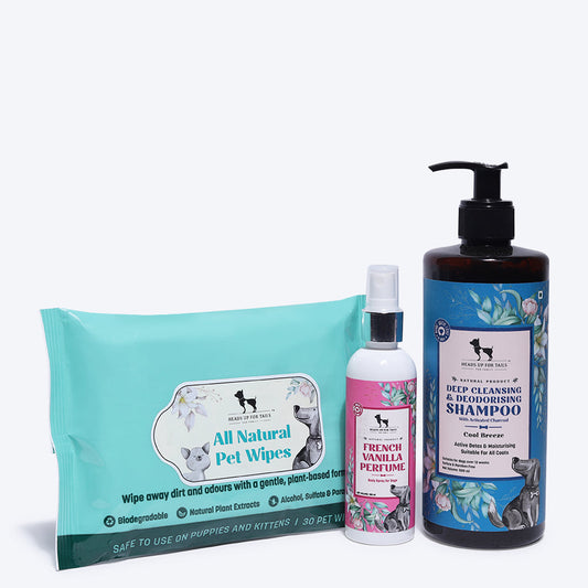 HUFT Bath Essentials Combo Pack - Cleansing & Deodorising Shampoo, Perfume For Dogs and Pet Wipes - Heads Up For Tails