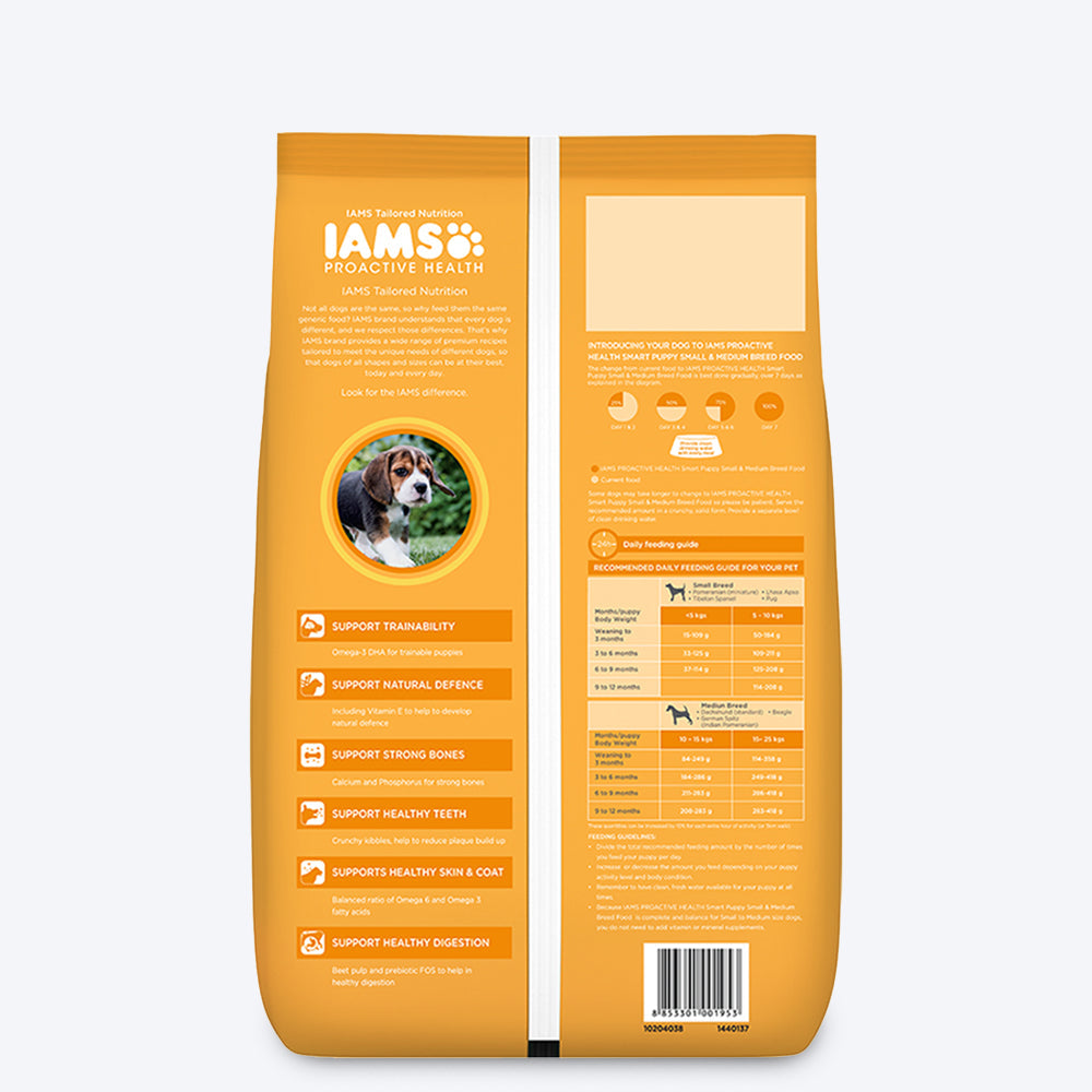 IAMS Proactive Health Smart Small & Medium Breed Dry Puppy Food (Above 1+ Year) - Heads Up For Tails