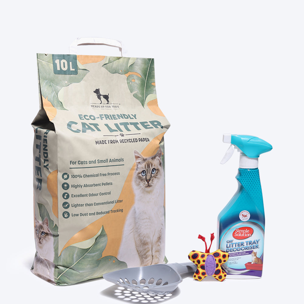 HUFT Cat Essentials Combo Pack - Cat Litter, Litter Scoop, Cat Toy & Odour Eliminator - Heads Up For Tails