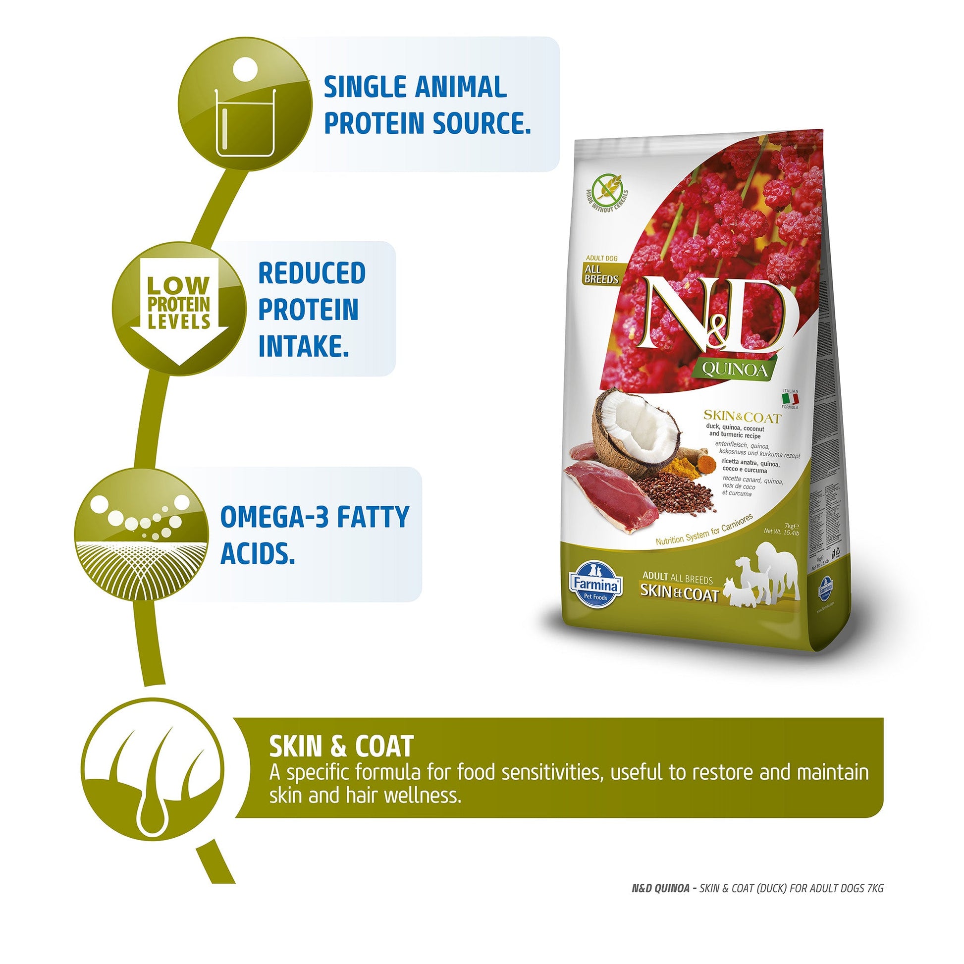Farmina N&D Quinoa (Skin & Coat) Duck, Coconut & Turmeric All Dry Dog Food, Grain-Free, Adult Breed - Heads Up For Tails