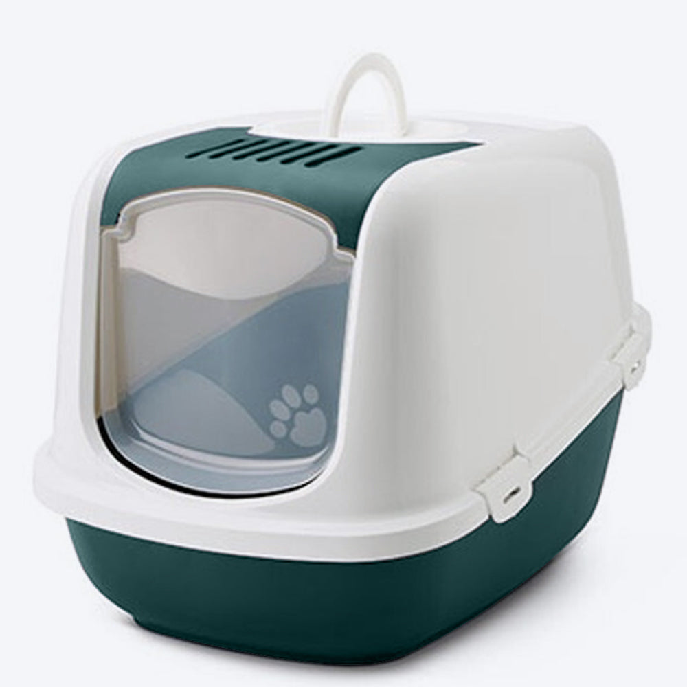 Savic Nestor Jumbo Cat Toilet - White and Nordic Green - 26 x 19 x 18 inch - Heads Up For Tails