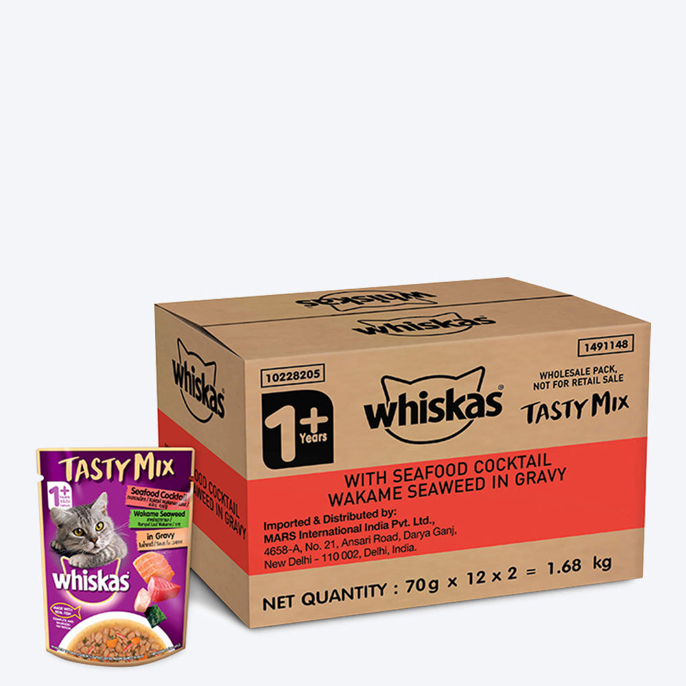 Whiskas Adult (1+ year) Seafood Cocktails Wakem Seaweed Adults Wet Cat Food - Pack of (70 X 24) g - Heads Up For Tails