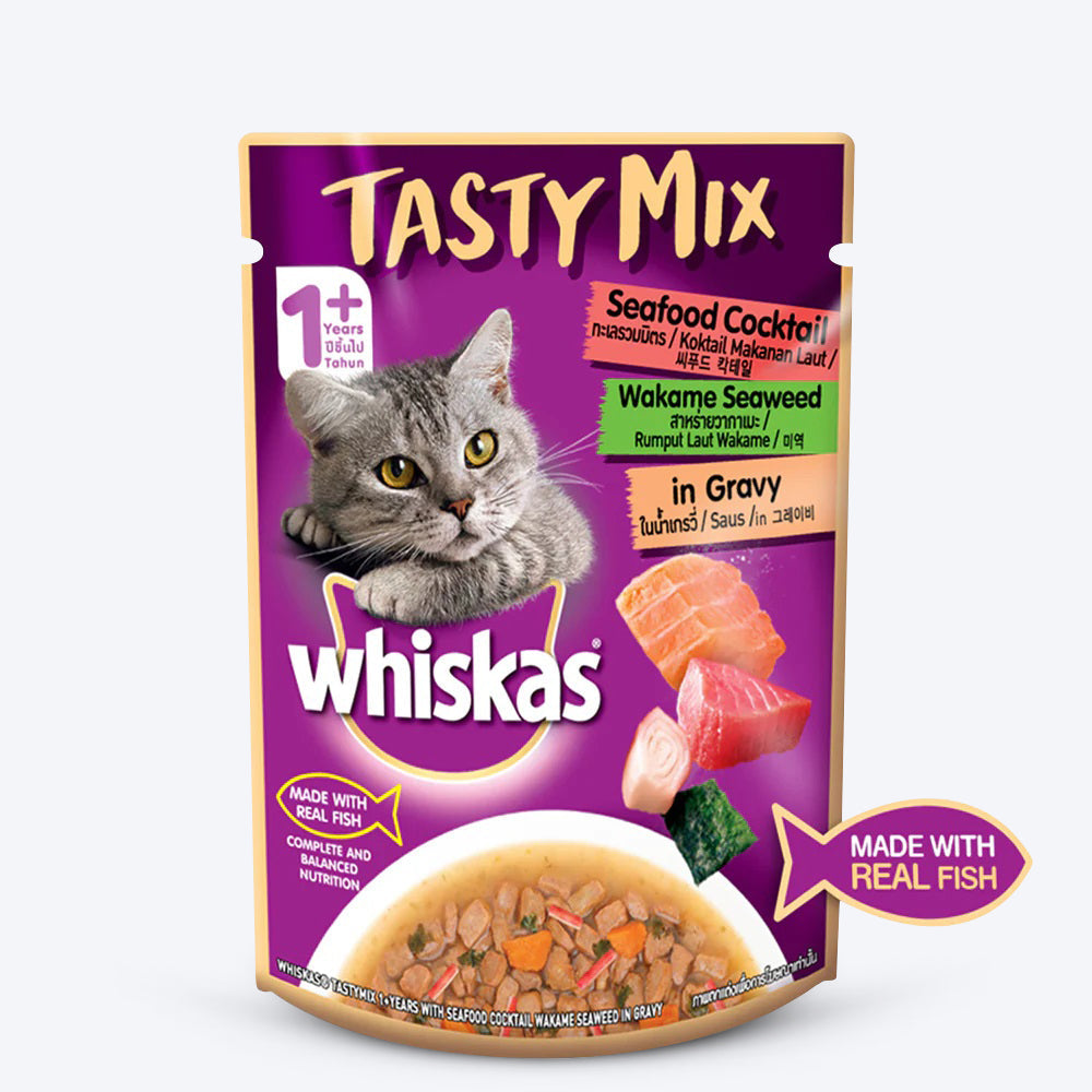 Whiskas Adult (1+ year) Seafood Cocktails Wakem Seaweed Adults Wet Cat Food - Pack of (70 X 24) g - Heads Up For Tails
