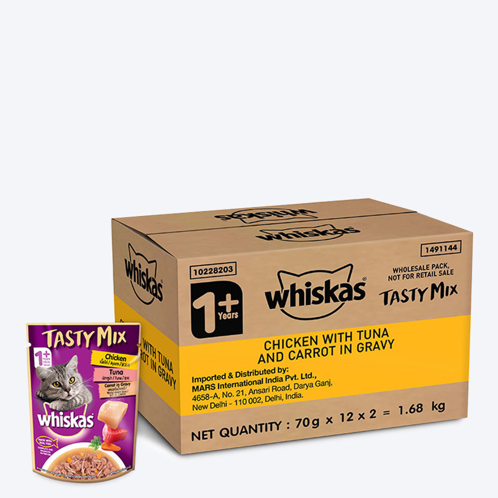 Whiskas Adult (1+ year) Tasty Mix Made With Real Fish, Chicken With Tuna And Carrot in Gravy Wet Cat Food - Pack of (70X24) g - Heads Up For Tails