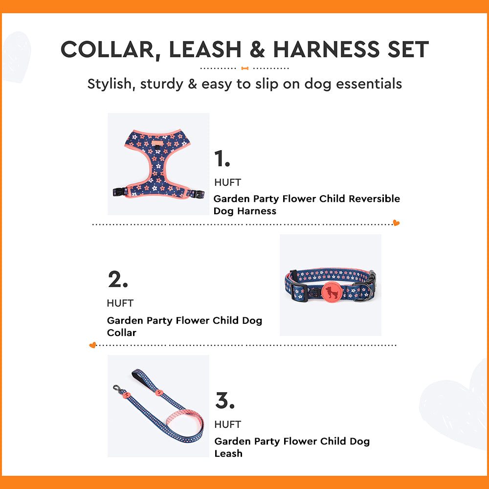 HUFT Floral Nylon Dog Collar, Leash and Harness (Set of 3) - Heads Up For Tails