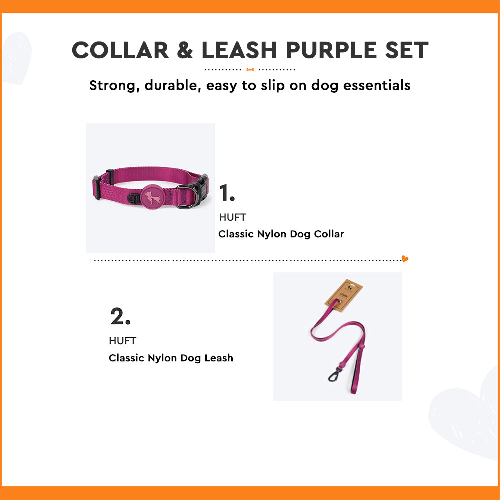 HUFT Nylon Dog Collar and Leash -Purple - (Set of 2) - Heads Up For Tails