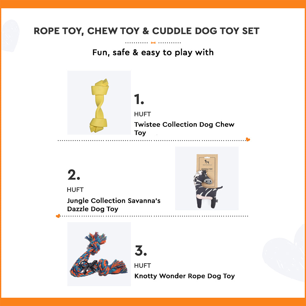 HUFT Rope Toy, Chew Toy and Cuddle Dog Toy (Set of 3) - Heads Up For Tails