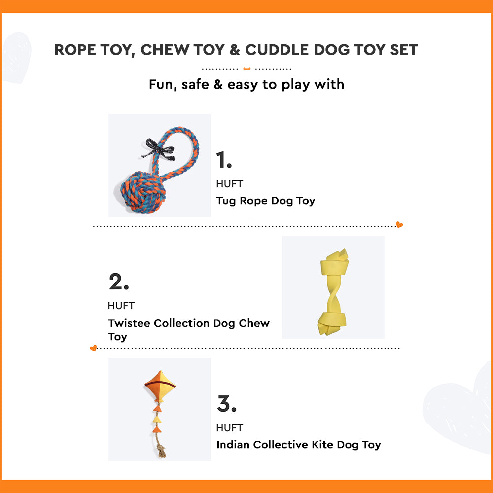 HUFT Tug Rope Toy, Chew Toy and Cuddle Dog Toy (Set of 3) - Heads Up For Tails